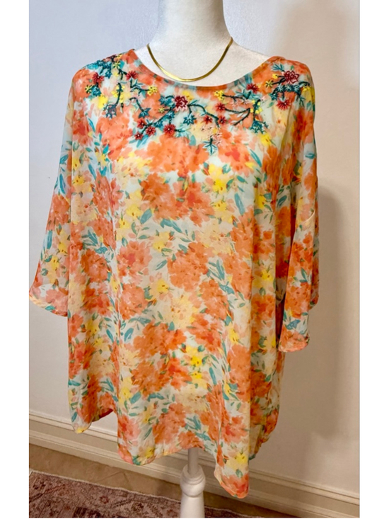 Jason Wu Tops - Jason Wu Floral Embroidered Blouse L Orange Yellow, beaded, dolman, flowy